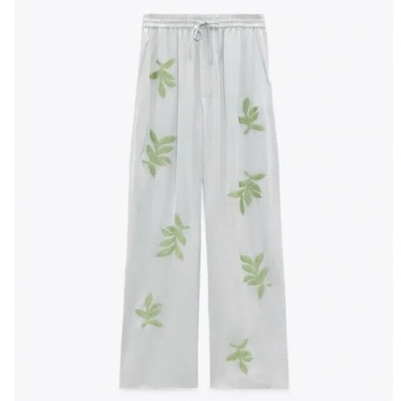 Zara Blue Satin Leaf Beaded Drawstring Waistband Wide Leg Pants - Picture 2 of 8